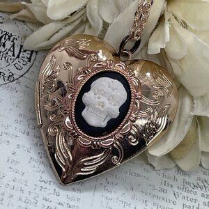 Sugar Skull Gothic Demon Mom Wife Christmas Rose Gold Heart Locket Anniversary
